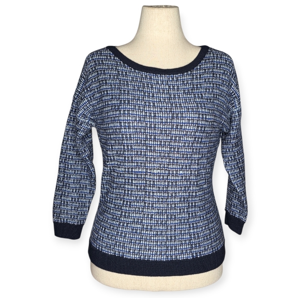 J.Crew Blue Plaid Tweed Knit Wool Blend Sweater Large 3/4 Sleeve